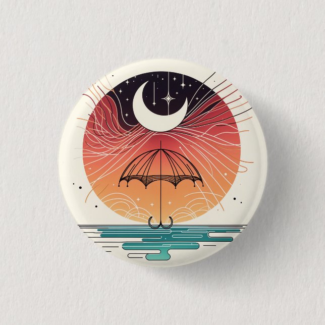 Moon Balancing Rainfall in Boho Line Art 1 Inch Round Button (Front)