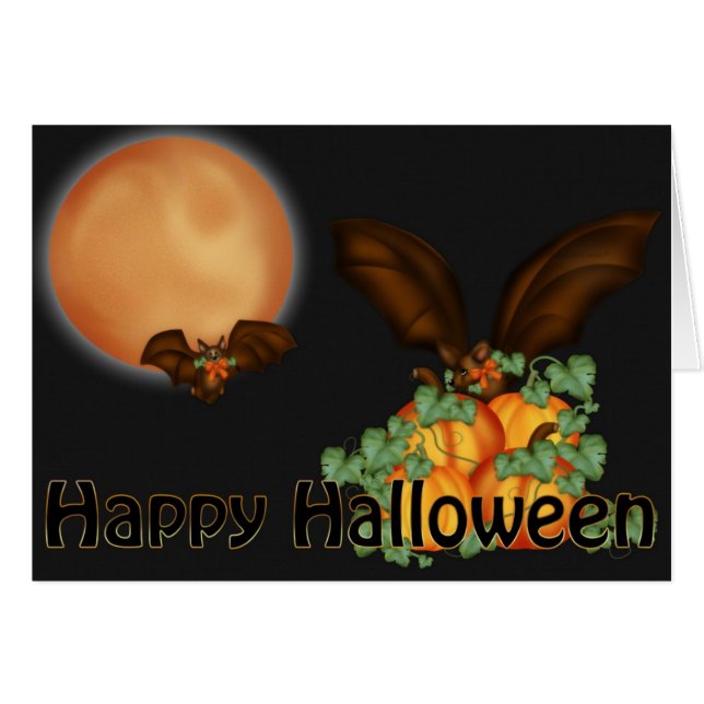 Moon Bats & Pumpkins Happy Halloween Card (Front Horizontal)
