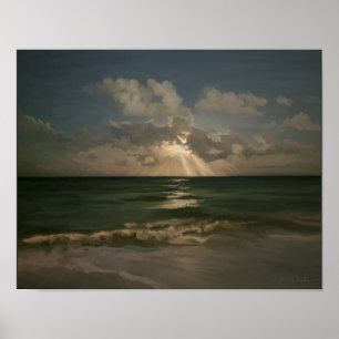 Moon behind clouds over ocean with waves canvas pr poster