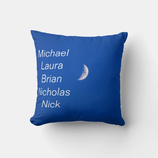 Moon Blue Custom Names – Celestial Night Design Throw Pillow (Front)
