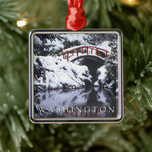 Moon Bridge & Pond in Winter   Seattle, Washington Metal Ornament