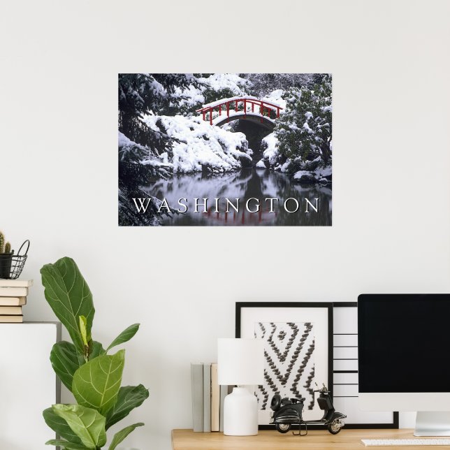 Moon Bridge & Pond in Winter | Seattle, Washington Poster (Home Office)