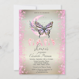 Moon Butterfly Glitter Confetti Baby Shower Invitation