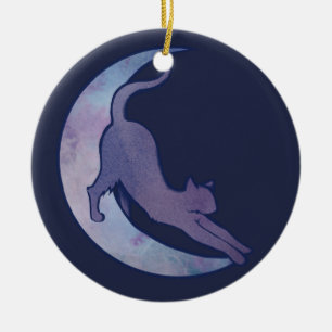 Moon Cat Design Stretching Cats MoonChild Art Ceramic Ornament
