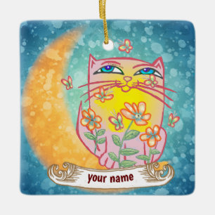 Moon Cat Flowers Ceramic Ornament