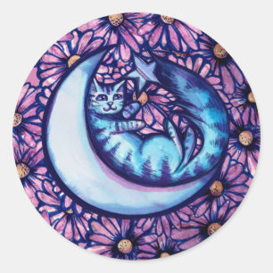 Moon Cat Flowers daisy Mooncat art kitty cats moon Classic Round Sticker