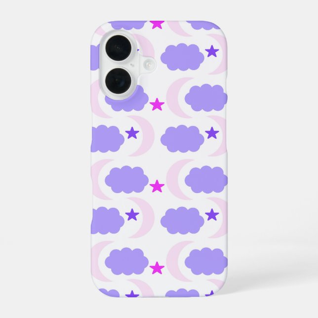 Moon Cloud Stars Dark Purple Pink Pattern iPhone 16 Case (Back)