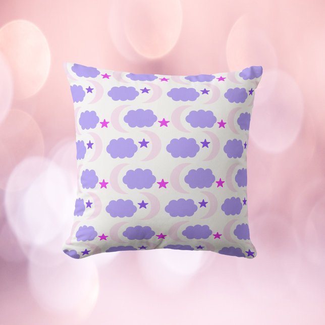 Moon Cloud Stars Dark Purple Pink Pattern Throw Pillow (A throw pillow with a pattern of moons, stars and clouds in various shades of pinks and purples.)