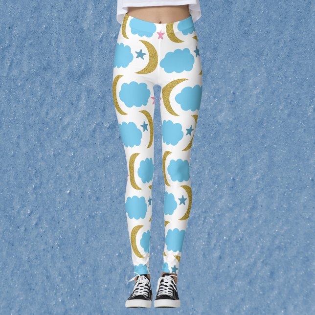 Moon Cloud Stars Faux Gold Glitter Pattern Leggings (A pair of leggings with gold moons, blue clouds and pink stars!)