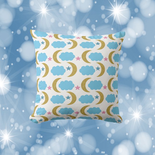 Moon Cloud Stars Faux Gold Glittern Throw Pillow (A throw pillow with faux gold glitter moons and blue clouds.)