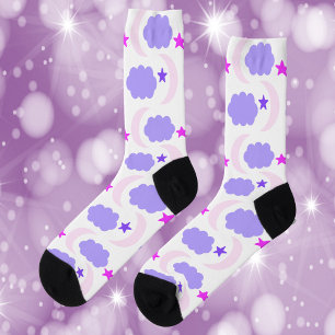 Moon Cloud Stars Pattern Pink and Dark Purple Socks
