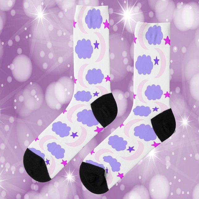 Moon Cloud Stars Pattern Pink and Dark Purple Socks (A pretty pair of socks with purple and pink moon, clouds and stars)