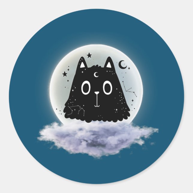 Moon Clouds and Cat Astrology Pagan Divination Classic Round Sticker (Front)