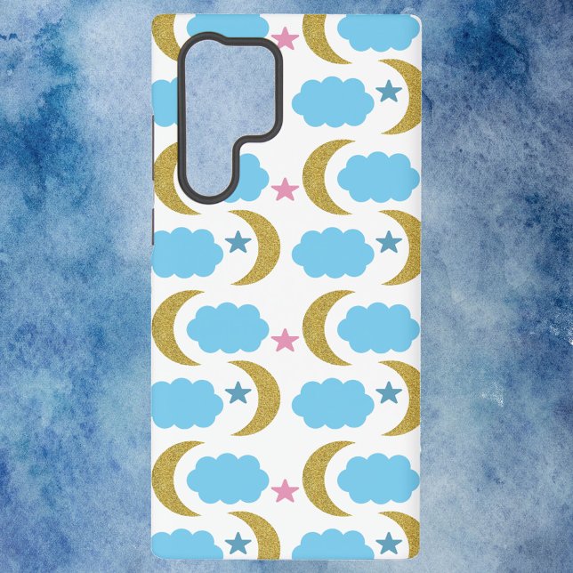 Moon Clouds and Stars Faux Glitter Pattern Samsung Galaxy S22 Ultra Case (A fun phone case with gold moons, blue clouds and pink stars)