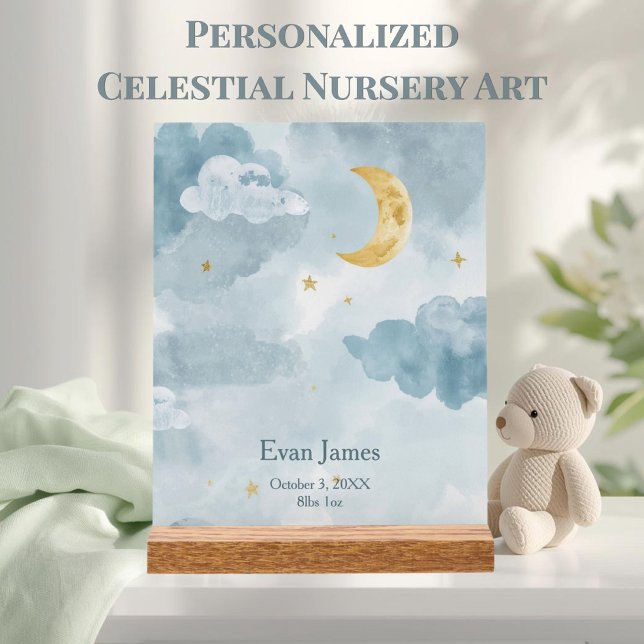 Moon & Clouds Nursery Personalized Baby Name Acrylic Sign (Personalized moon and clouds nursery acrylic sign with custom text and dreamy celestial art.)