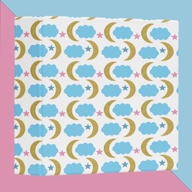 Moon Clouds Sky Faux Gold Glitter Pattern Binder (A binder with a pattern of gold crescent moons, blue clouds and pink stars.)
