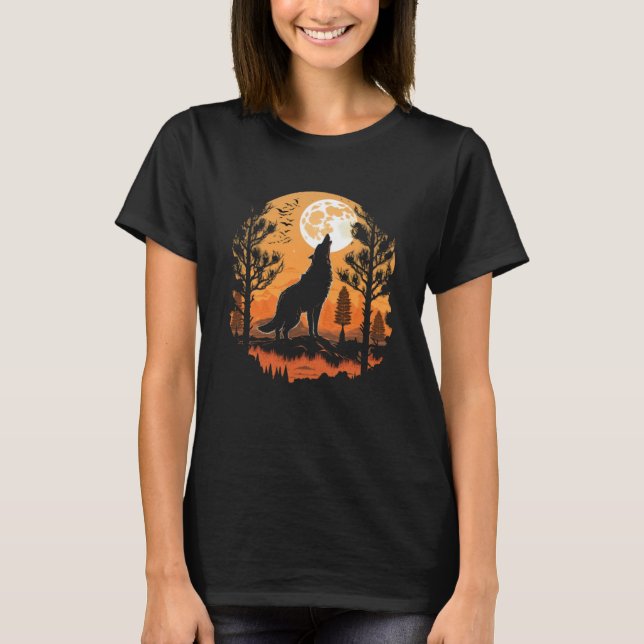 Moon Coyote Howling Full Moon Forest Halloween T-Shirt (Front)