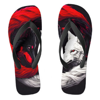 Moon Crimson Red White Wolf Flip Flops