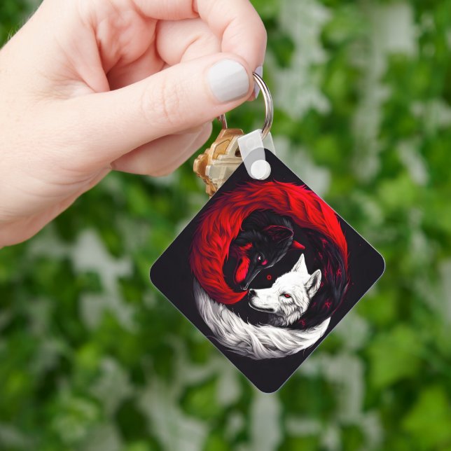 Moon Crimson Red White Wolf Keychain (Hand)