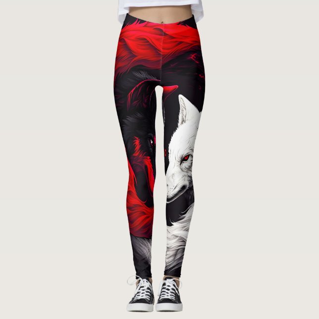 Moon Crimson Red White Wolf Leggings (Front)