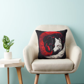 Moon Crimson Red White Wolf Throw Pillow
