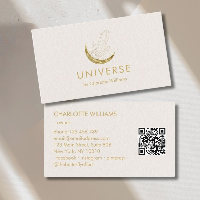 Moon Crystal Energy Healer QR-Code Business Card (Moon Crystal Energy Healer QR-Code Business Card - Beige Gold)