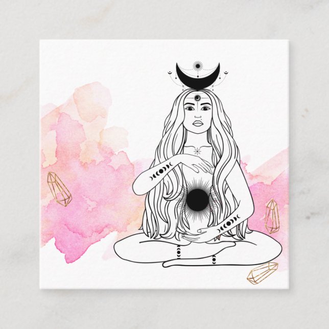 *~* Moon Crystals Cosmic Luna Goddess Black Gold Square Business Card (Front)