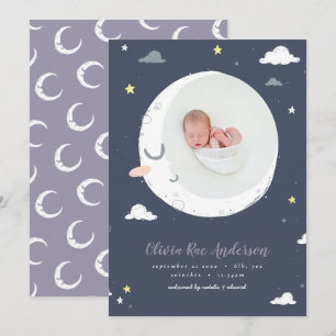 Moon cute script navy purple photo birth announcement