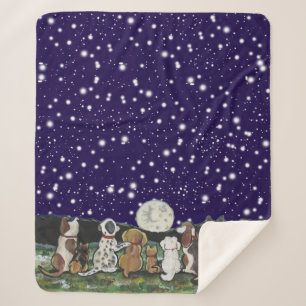 Moon Dogs Navy Blue Night Sky Puppy Dogs Stars Sherpa Blanket