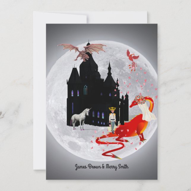 Moon Dragon Prince Unicorn Phoenix Castle Wedding Invitation (Front)