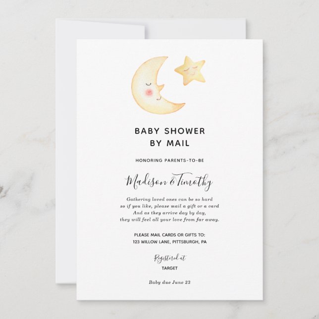 Moon et Star Baby shower par invitation par courri (Devant)