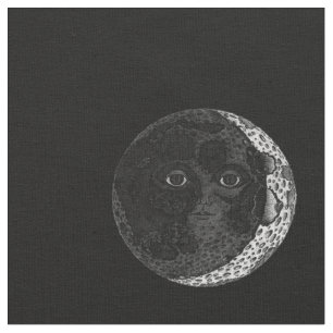 Moon Face Crescent Hand Drawn Ink Illustration Fabric
