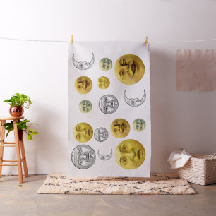 Moon Face Eyes Sky Night Glowing Shining Vintage Fabric