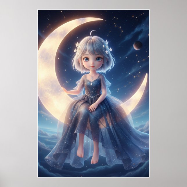Moon Fairy Starry Night Art Poster (Front)