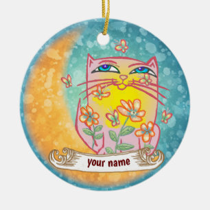 Moon Flowers Cat  Ceramic Ornament