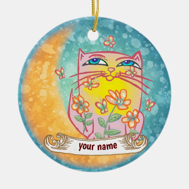 Moon Flowers Cat  Ceramic Ornament (Front)