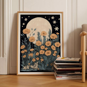 Moon & flowers vintage block style art, Whimsigoth Poster
