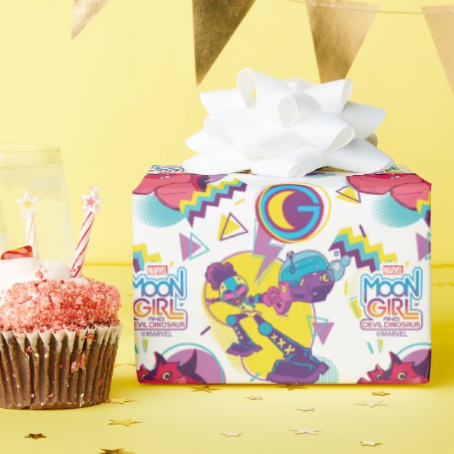 Moon Girl and Devil Dinosaur Memphis Pop Pattern Wrapping Paper (Birthday Party)