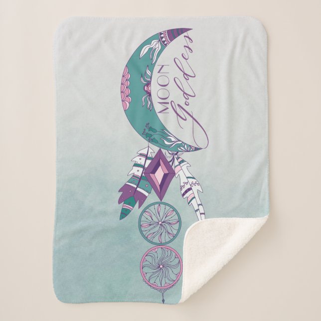 Moon Goddess Teal Boho Dreamcatcher Gypsy Design Sherpa Blanket (Front)