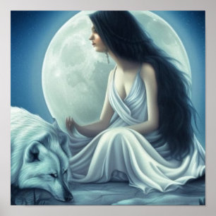 Moon Goddess with Wolf Bowing - Wolf  Poster