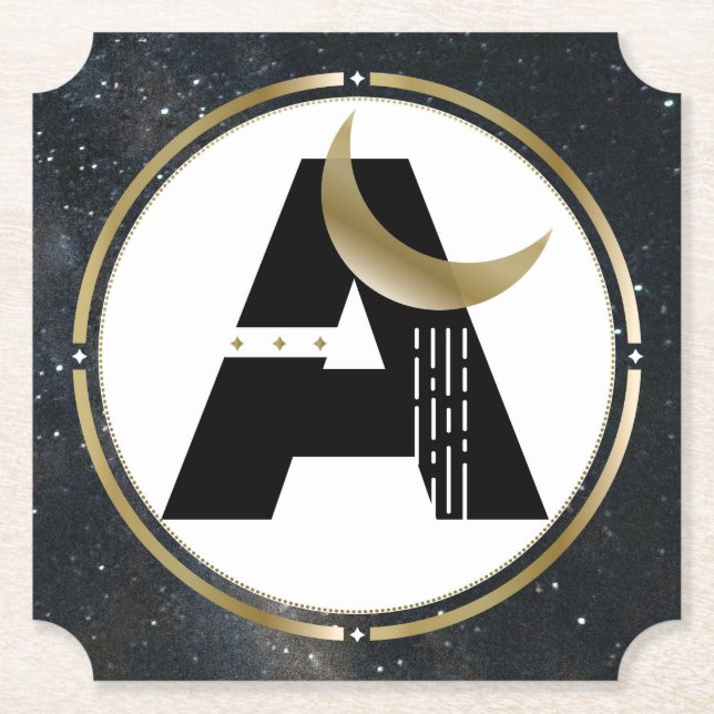 Moon Initial A in Starry Sky Paper Party Coaster (Front)