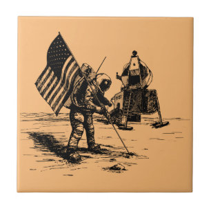 Moon Landing Ceramic Tile - Retro Astronaut Flag 