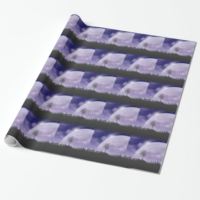 Moon Light Stars Sky Trees Whimsical Personalize Wrapping Paper (Unrolled)