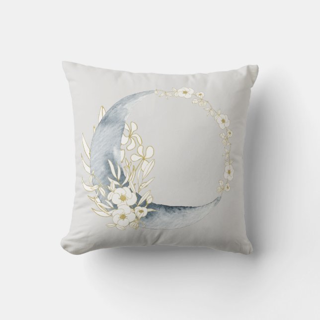 Moon Magic Crescent Moon & Floral Pattern Throw Pillow (Front)
