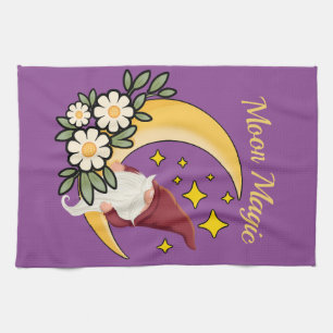 Moon Magic Cute Gnome on Crescent Moon Floral  Kitchen Towel