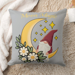 Moon Magic Cute Gnome on Crescent Moon Floral  Throw Pillow