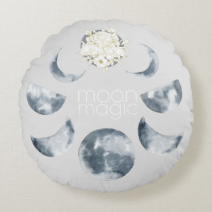 Moon Magic Moon Phase & Floral Pattern Round Pillow