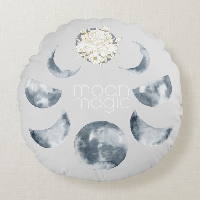 Moon Magic Moon Phase & Floral Pattern Round Pillow (Front)