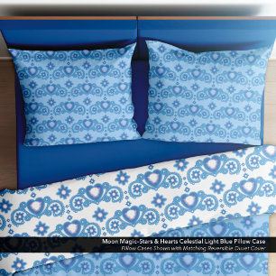 Moon Magic Stars Hearts Celestial Light Blue Pillowcase