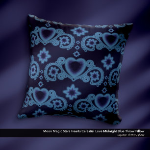 Moon Magic Stars Hearts Celestial Love Dark Blue Throw Pillow